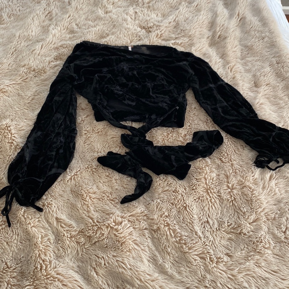 Free people, velvet long sleeve crop top with waist ribbon tie
